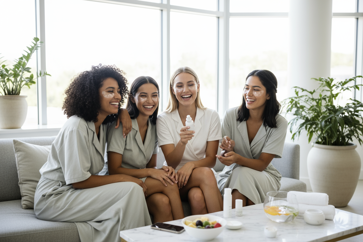 eye patches microneedle mais comme cree une photo de groupe comme 4 filles qui porte des eye patches microneedle